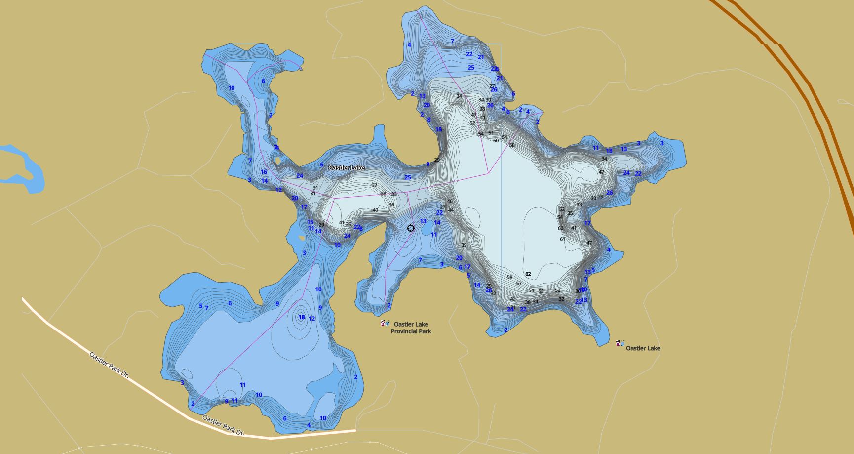 Contour Map of Oastler Lake in Municipality of Seguin and the District of Parry Sound